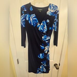 Ralph Lauren 3/4 Sleeve Floral faux Wrap Blue Print Dress size 4